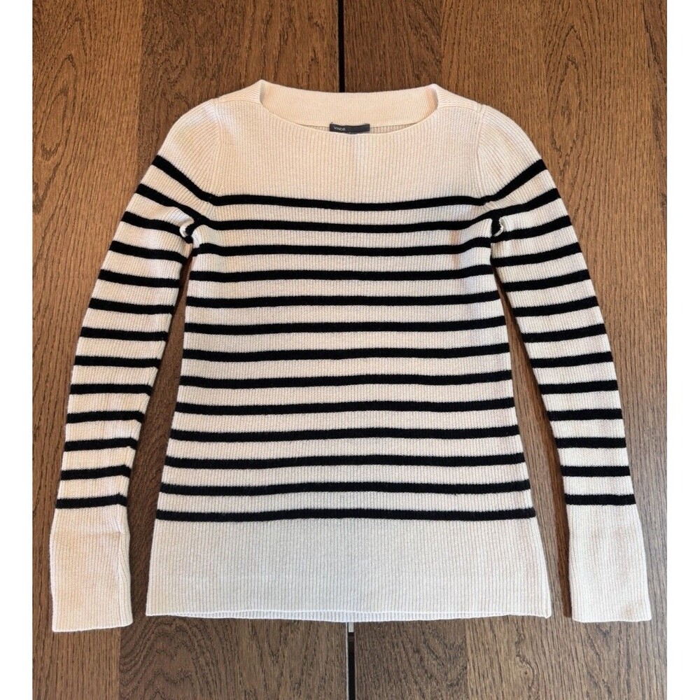 VINCE Breton Stripe 100% Cashmere Boatneck Sweater Women’s Sz XS Almond Coastal